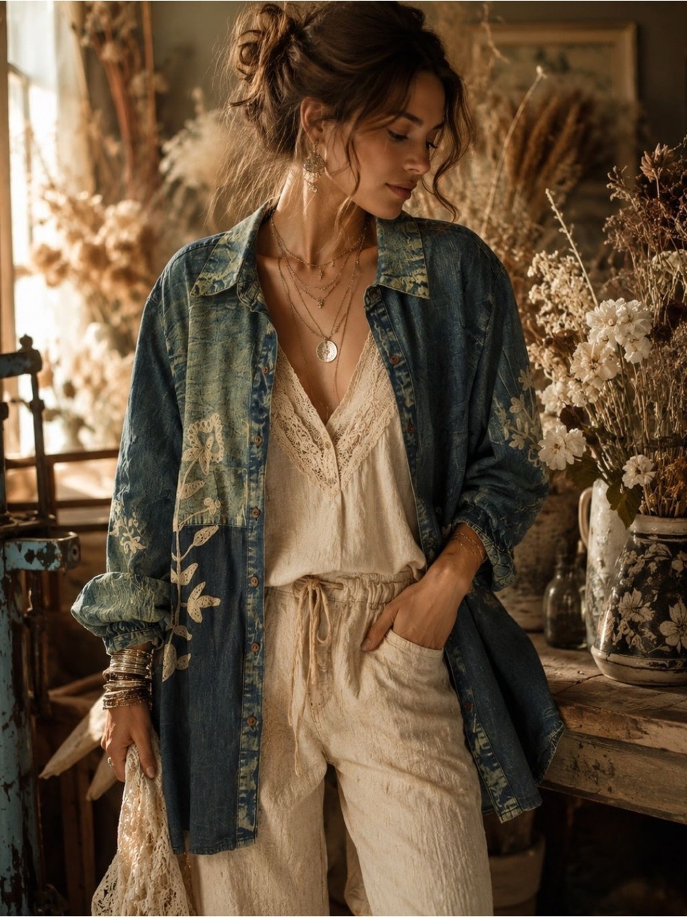 Young Threads Floral Embroidered Denim Shirt Jacket